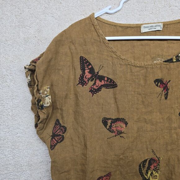 Terzo Millennio Top Linen Brown Butterfly Print Sz Small Back Buttons Lagenlook - Picture 3 of 10